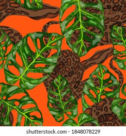 Beautiful seamless pattern with python and tropical leaves. Beautiful allover print with hand drawn exotic plants and snake. Swimwear botanical design. Vector	