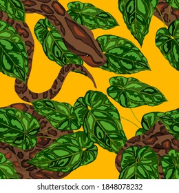 Beautiful seamless pattern with python and tropical leaves. Beautiful allover print with hand drawn exotic plants and snake. Swimwear botanical design. Vector	