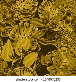 Beautiful seamless pattern with python and tropical leaves. Beautiful allover print with hand drawn exotic plants and snake. Swimwear botanical design. Vector	