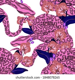 Beautiful seamless pattern with python and tropical leaves. Beautiful allover print with hand drawn exotic plants and snake. Swimwear botanical design. Vector	