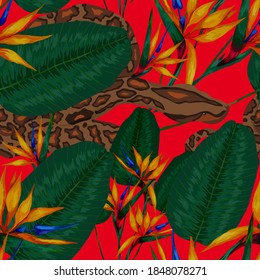 Beautiful seamless pattern with python and tropical leaves. Beautiful allover print with hand drawn exotic plants and snake. Swimwear botanical design. Vector	