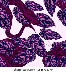 Beautiful seamless pattern with python and tropical leaves. Beautiful allover print with hand drawn exotic plants and snake. Swimwear botanical design. Vector	