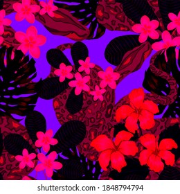 Beautiful seamless pattern with python and tropical leaves. Beautiful allover print with hand drawn exotic plants and snake. Swimwear botanical design. Vector	