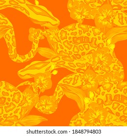 Beautiful seamless pattern with python and tropical leaves. Beautiful allover print with hand drawn exotic plants and snake. Swimwear botanical design. Vector	