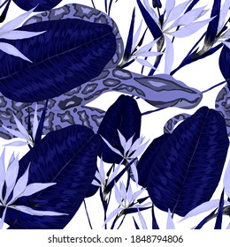 Beautiful seamless pattern with python and tropical leaves. Beautiful allover print with hand drawn exotic plants and snake. Swimwear botanical design. Vector	