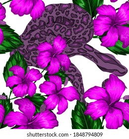 Beautiful seamless pattern with python and tropical leaves. Beautiful allover print with hand drawn exotic plants and snake. Swimwear botanical design. Vector	