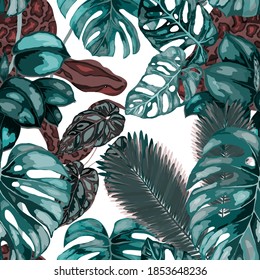 Beautiful seamless pattern with python and tropical leaves. Beautiful allover print with hand drawn exotic plants and snake. Swimwear botanical design. Vector	