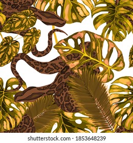 Beautiful seamless pattern with python and tropical leaves. Beautiful allover print with hand drawn exotic plants and snake. Swimwear botanical design. Vector	