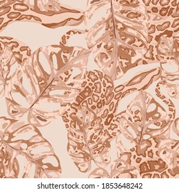 Beautiful seamless pattern with python and tropical leaves. Beautiful allover print with hand drawn exotic plants and snake. Swimwear botanical design. Vector	