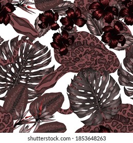 Beautiful seamless pattern with python and tropical leaves. Beautiful allover print with hand drawn exotic plants and snake. Swimwear botanical design. Vector	