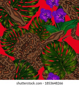 Beautiful seamless pattern with python and tropical leaves. Beautiful allover print with hand drawn exotic plants and snake. Swimwear botanical design. Vector	