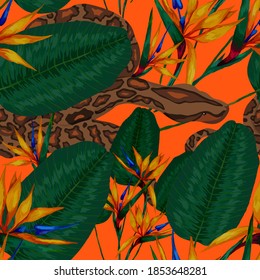 Beautiful seamless pattern with python and tropical leaves. Beautiful allover print with hand drawn exotic plants and snake. Swimwear botanical design. Vector	