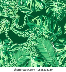 Beautiful seamless pattern with python and tropical leaves. Beautiful allover print with hand drawn exotic plants and snake. Swimwear botanical design. Vector	
