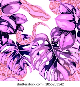 Beautiful seamless pattern with python and tropical leaves. Beautiful allover print with hand drawn exotic plants and snake. Swimwear botanical design. Vector	