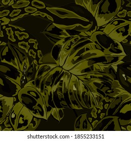Beautiful seamless pattern with python and tropical leaves. Beautiful allover print with hand drawn exotic plants and snake. Swimwear botanical design. Vector	