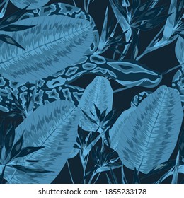 Beautiful seamless pattern with python and tropical leaves. Beautiful allover print with hand drawn exotic plants and snake. Swimwear botanical design. Vector	
