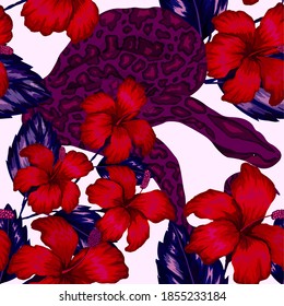 Beautiful seamless pattern with python and tropical leaves. Beautiful allover print with hand drawn exotic plants and snake. Swimwear botanical design. Vector	