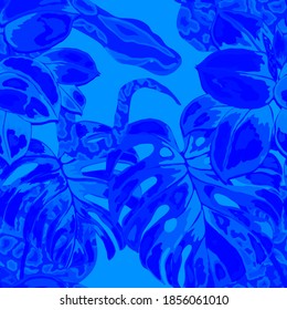 Beautiful seamless pattern with python and tropical leaves. Beautiful allover print with hand drawn exotic plants and snake. Swimwear botanical design. Vector	