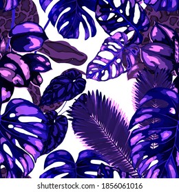 Beautiful seamless pattern with python and tropical leaves. Beautiful allover print with hand drawn exotic plants and snake. Swimwear botanical design. Vector	