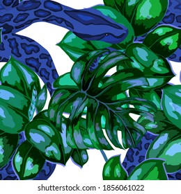 Beautiful seamless pattern with python and tropical leaves. Beautiful allover print with hand drawn exotic plants and snake. Swimwear botanical design. Vector	