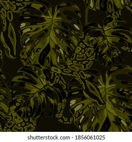 Beautiful seamless pattern with python and tropical leaves. Beautiful allover print with hand drawn exotic plants and snake. Swimwear botanical design. Vector	