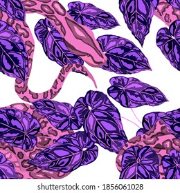 Beautiful seamless pattern with python and tropical leaves. Beautiful allover print with hand drawn exotic plants and snake. Swimwear botanical design. Vector	