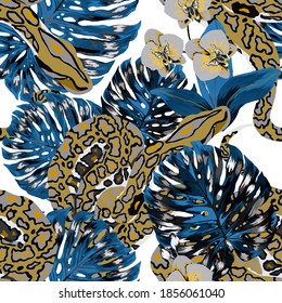 Beautiful seamless pattern with python and tropical leaves. Beautiful allover print with hand drawn exotic plants and snake. Swimwear botanical design. Vector	