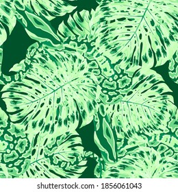 Beautiful seamless pattern with python and tropical leaves. Beautiful allover print with hand drawn exotic plants and snake. Swimwear botanical design. Vector	
