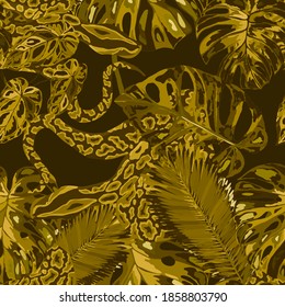 Beautiful seamless pattern with python and tropical leaves. Beautiful allover print with hand drawn exotic plants and snake. Swimwear botanical design. Vector	