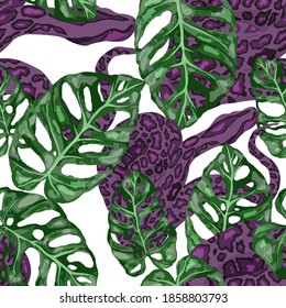 Beautiful seamless pattern with python and tropical leaves. Beautiful allover print with hand drawn exotic plants and snake. Swimwear botanical design. Vector	