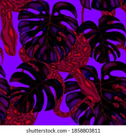 Beautiful seamless pattern with python and tropical leaves. Beautiful allover print with hand drawn exotic plants and snake. Swimwear botanical design. Vector	