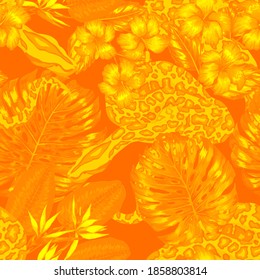 Beautiful seamless pattern with python and tropical leaves. Beautiful allover print with hand drawn exotic plants and snake. Swimwear botanical design. Vector	
