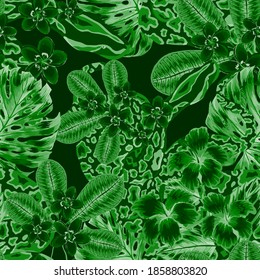 Beautiful seamless pattern with python and tropical leaves. Beautiful allover print with hand drawn exotic plants and snake. Swimwear botanical design. Vector	