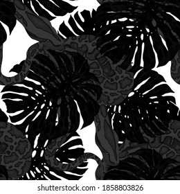 Beautiful seamless pattern with python and tropical leaves. Beautiful allover print with hand drawn exotic plants and snake. Swimwear botanical design. Vector	