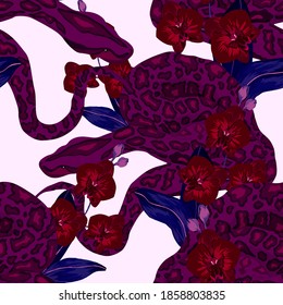 Beautiful seamless pattern with python and tropical leaves. Beautiful allover print with hand drawn exotic plants and snake. Swimwear botanical design. Vector	