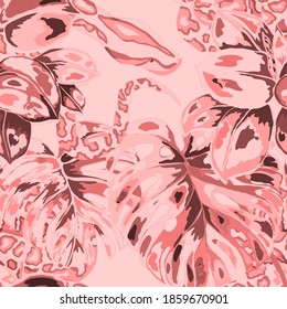Beautiful seamless pattern with python and tropical leaves. Beautiful allover print with hand drawn exotic plants and snake. Swimwear botanical design. Vector	