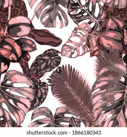 Beautiful seamless pattern with python and tropical leaves. Beautiful allover print with hand drawn exotic plants and snake. Swimwear botanical design. Vector	