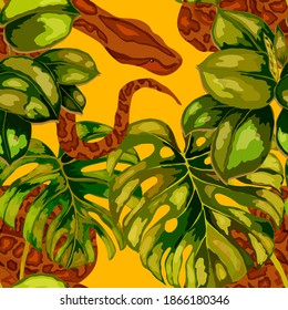 Beautiful seamless pattern with python and tropical leaves. Beautiful allover print with hand drawn exotic plants and snake. Swimwear botanical design. Vector	