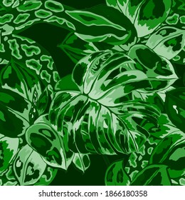 Beautiful seamless pattern with python and tropical leaves. Beautiful allover print with hand drawn exotic plants and snake. Swimwear botanical design. Vector	