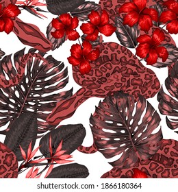 Beautiful seamless pattern with python and tropical leaves. Beautiful allover print with hand drawn exotic plants and snake. Swimwear botanical design. Vector	