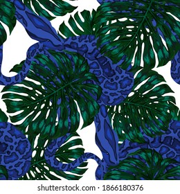 Beautiful seamless pattern with python and tropical leaves. Beautiful allover print with hand drawn exotic plants and snake. Swimwear botanical design. Vector	