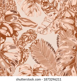 Beautiful seamless pattern with python and tropical leaves. Beautiful allover print with hand drawn exotic plants and snake. Swimwear botanical design. Vector	