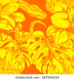 Beautiful seamless pattern with python and tropical leaves. Beautiful allover print with hand drawn exotic plants and snake. Swimwear botanical design. Vector	
