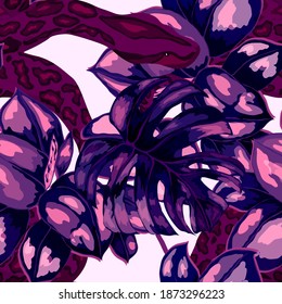 Beautiful seamless pattern with python and tropical leaves. Beautiful allover print with hand drawn exotic plants and snake. Swimwear botanical design. Vector	