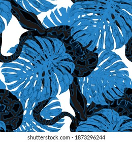 Beautiful seamless pattern with python and tropical leaves. Beautiful allover print with hand drawn exotic plants and snake. Swimwear botanical design. Vector	