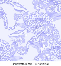 Beautiful seamless pattern with python and tropical leaves. Beautiful allover print with hand drawn exotic plants and snake. Swimwear botanical design. Vector	