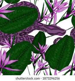 Beautiful seamless pattern with python and tropical leaves. Beautiful allover print with hand drawn exotic plants and snake. Swimwear botanical design. Vector	