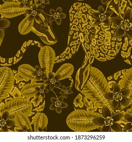 Beautiful seamless pattern with python and tropical leaves. Beautiful allover print with hand drawn exotic plants and snake. Swimwear botanical design. Vector	