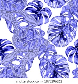 Beautiful seamless pattern with python and tropical leaves. Beautiful allover print with hand drawn exotic plants and snake. Swimwear botanical design. Vector	