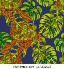 Beautiful seamless pattern with python and tropical leaves. Beautiful allover print with hand drawn exotic plants and snake. Swimwear botanical design. Vector	